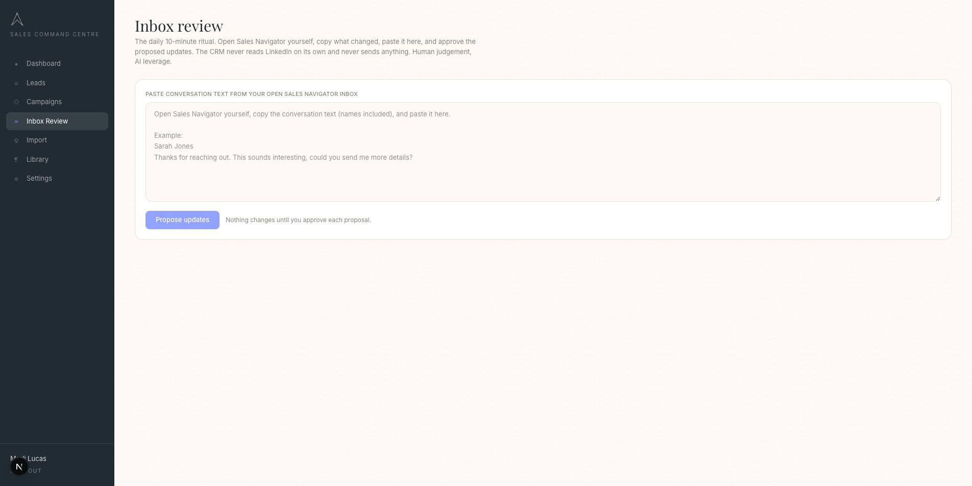 Inbox review screen where proposed CRM updates are approved by a person before anything changes