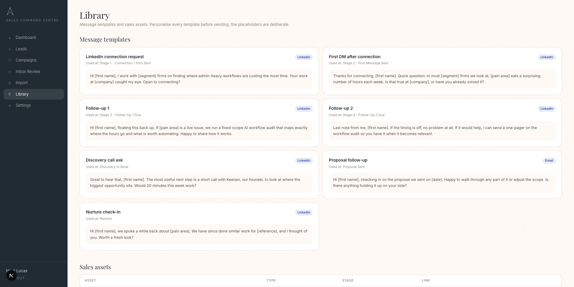 Library of message templates and sales assets mapped to each pipeline stage