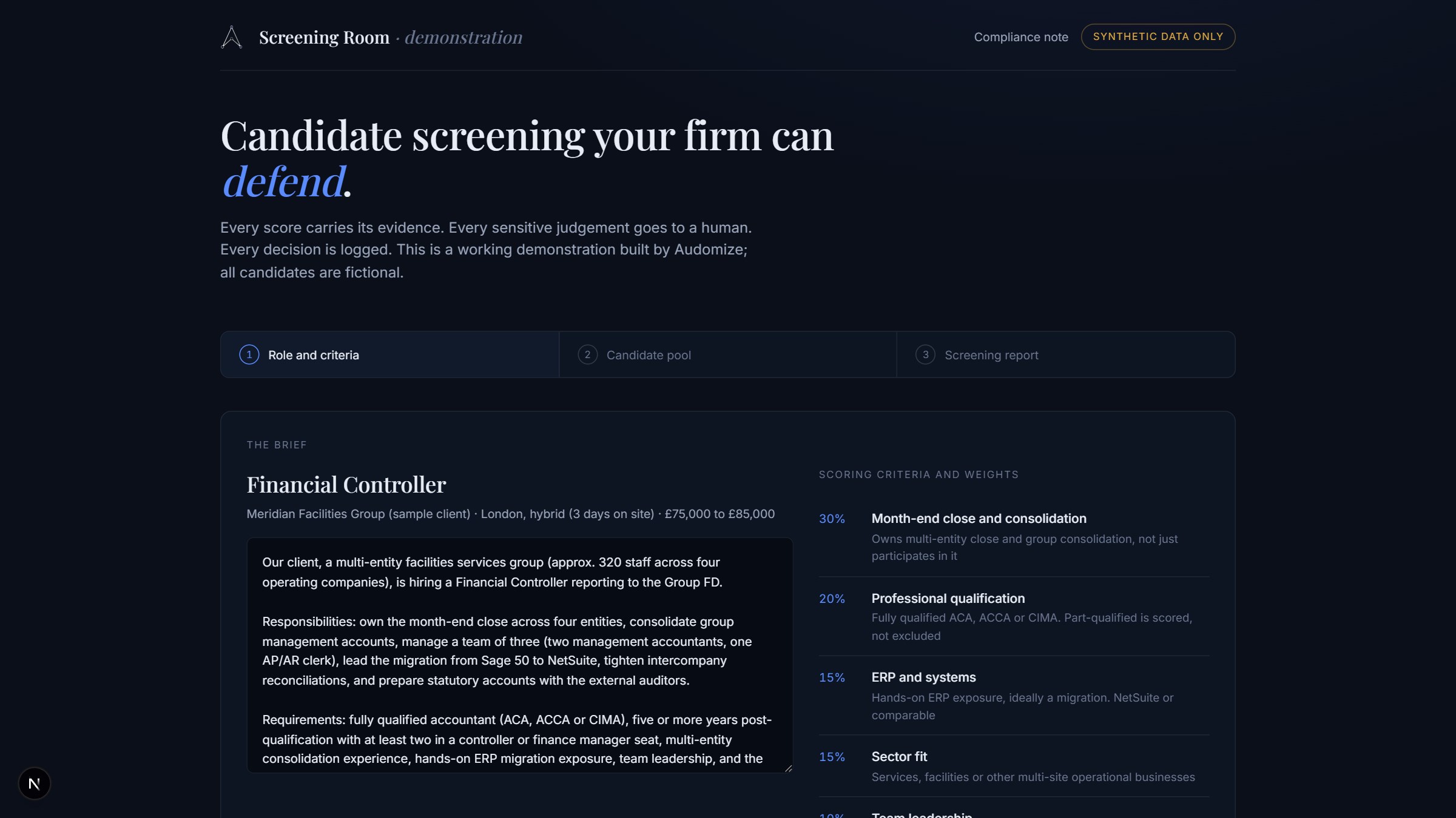 Screening Room demo showing a Financial Controller role brief with weighted scoring criteria